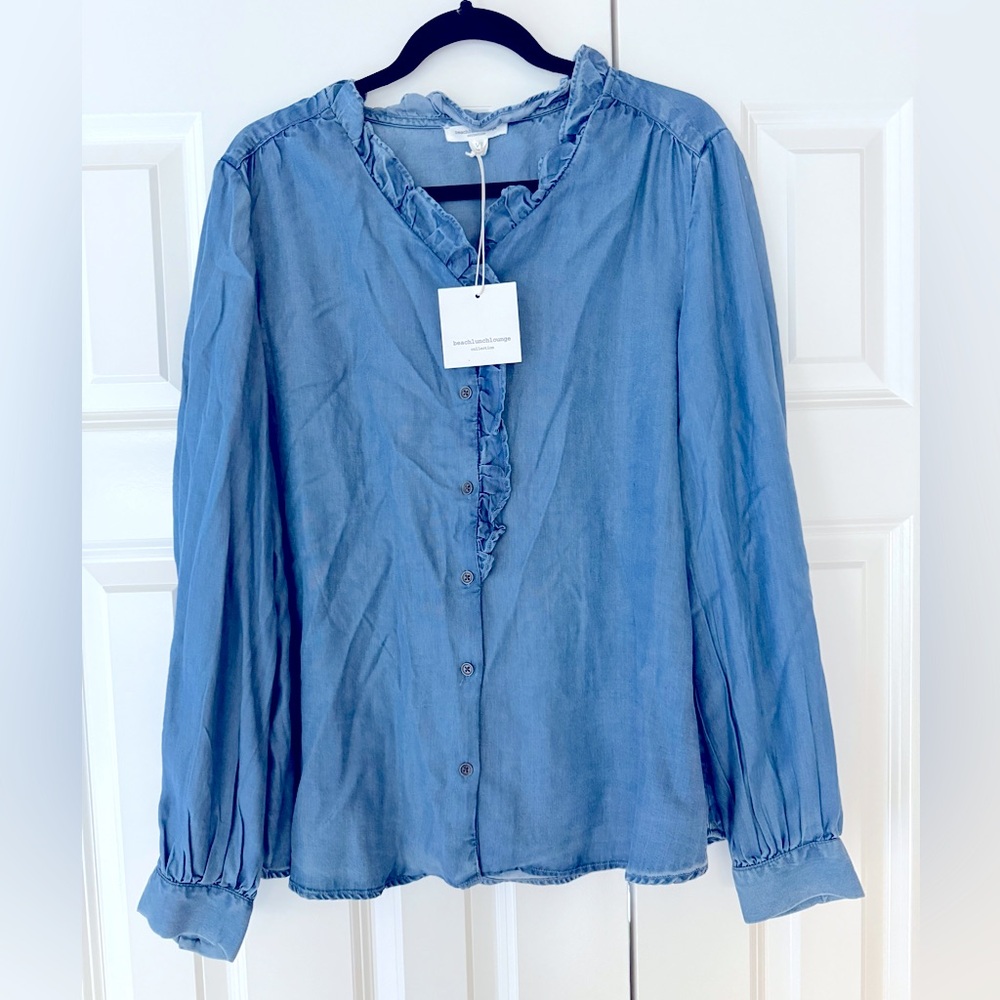Beachlunchlounge - Darra denim button up long sleeve shirt w/ruffle - Lg NWT